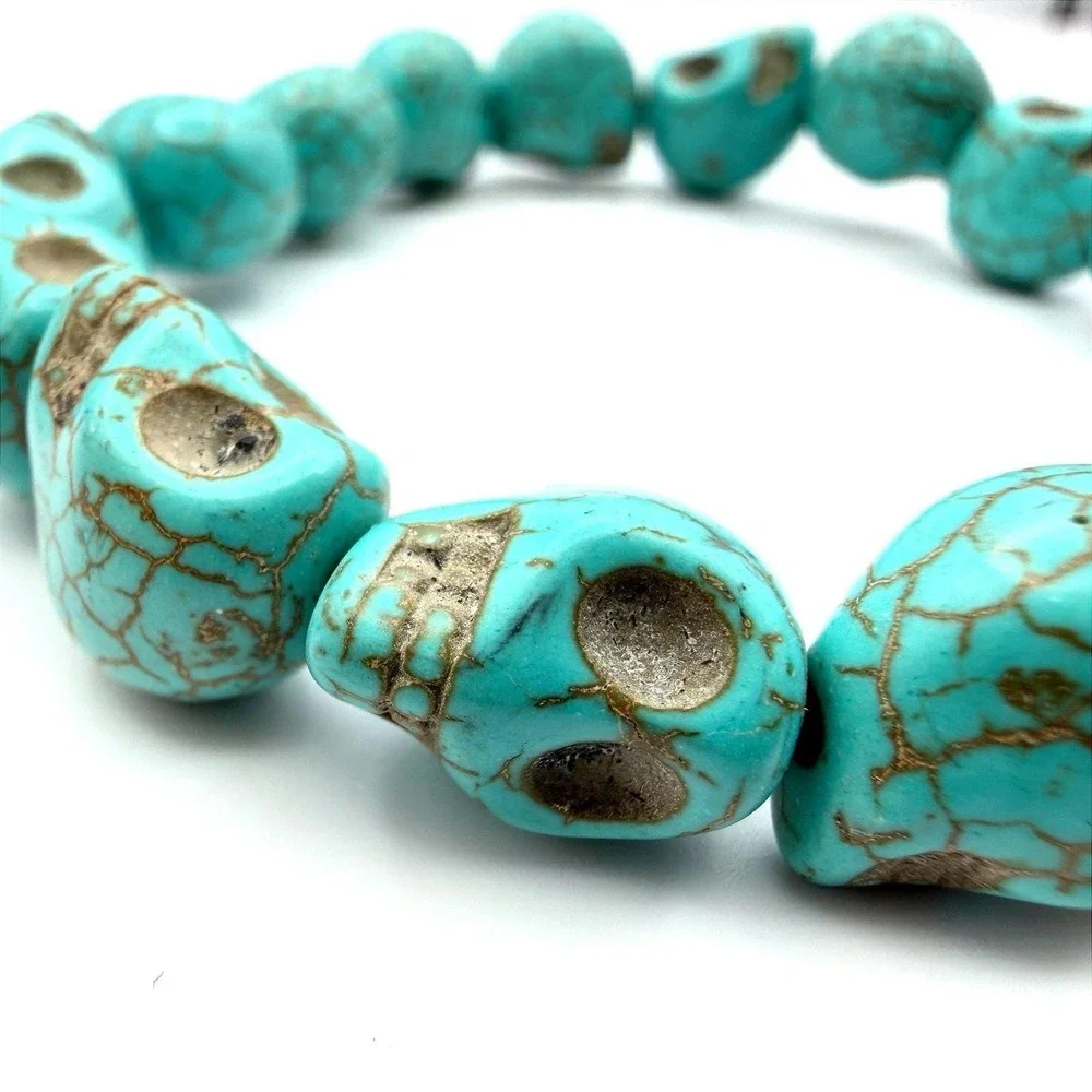 Vintage Turquoise Howlite‎ Skull Stretch Bracelet Halloween Gothic 7.5 Y2K 90s